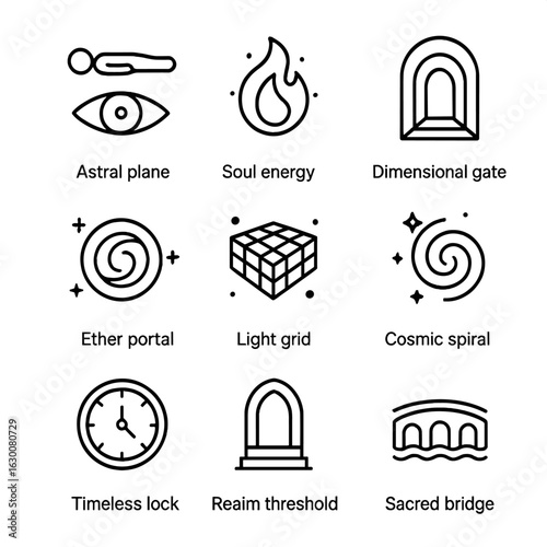 Metaphysical Icon Set. Outline icon set of metaphysical realms: astral plane, soul energy, dimensional gate, ether portal, light