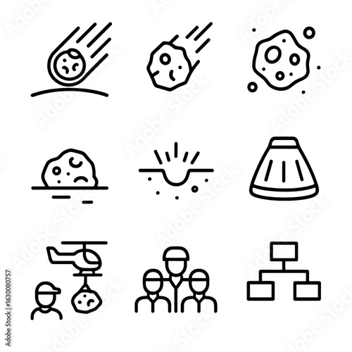 Meteor Icon Set. Outline icon set of meteor vs asteroid comparisons: meteor entry, meteoroid fragment, meteorite on ground,