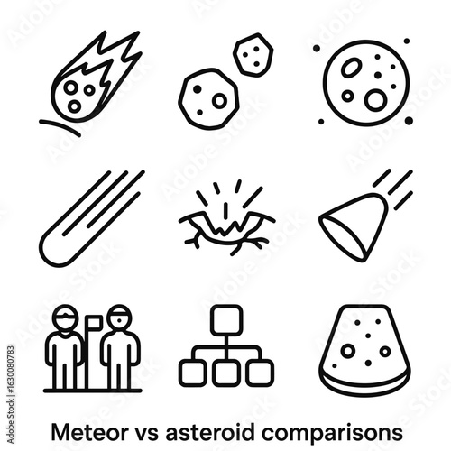 Meteor Icon Set. Outline icon set of meteor vs asteroid comparisons: meteor entry, meteoroid fragment, meteorite on ground,
