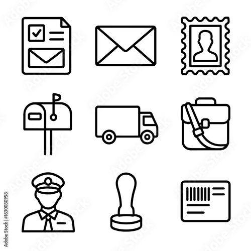 Postal Essentials Icons. Outline icon set of registered mail essentials: registered letter, envelope, stamp,