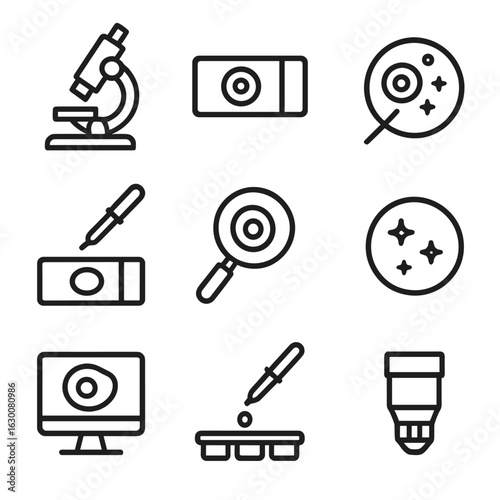 Microscopy Icon Set. Outline icon set of cell microscopy: microscope, slide, petri dish, staining, magnification, fluorescent dye,