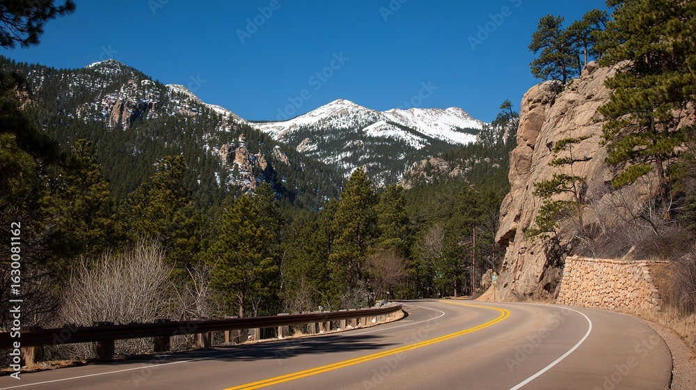 Naklejka premium Winding Pass Road and Snowy Mountain Peaks – Serpentine Path Cutting Through Frosted Slopes, Towering Peaks Cloaked in Snow Under Clear Skies