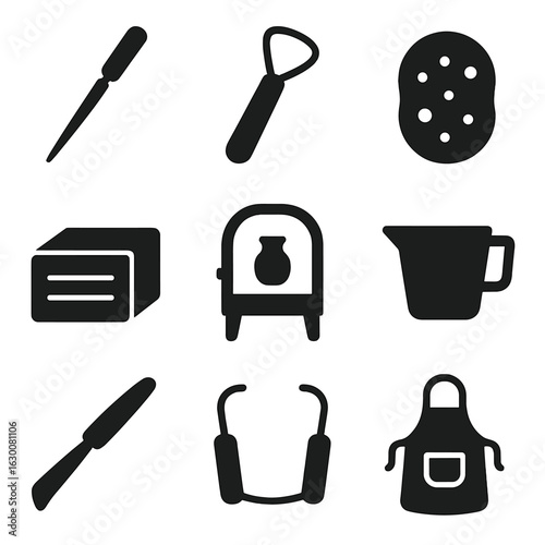 Pottery Tools Icon Set. Solid, filled icons set of pottery tools and materials: potter’s needle, loop tool,