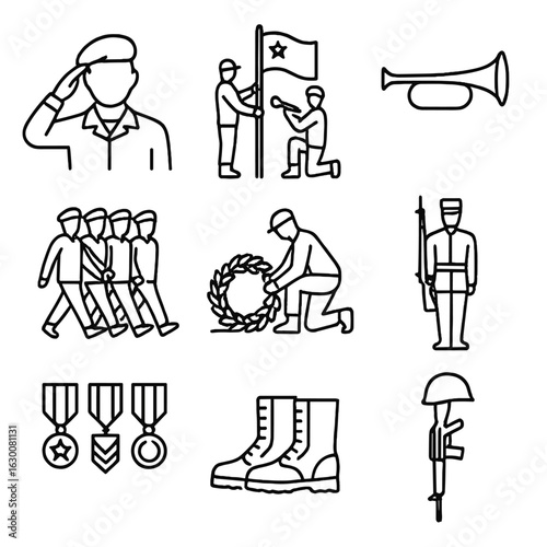 Military Ceremony Icons. Outline icon set of military ceremony: saluting soldier, flag raising, bugle, formation march, wreath