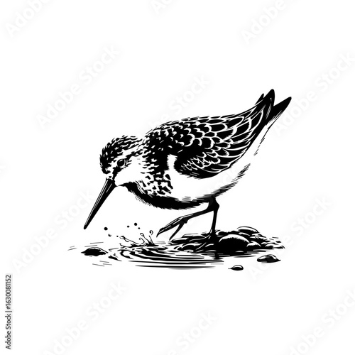 Black and white illustration of a sandpiper bird foraging on the ground