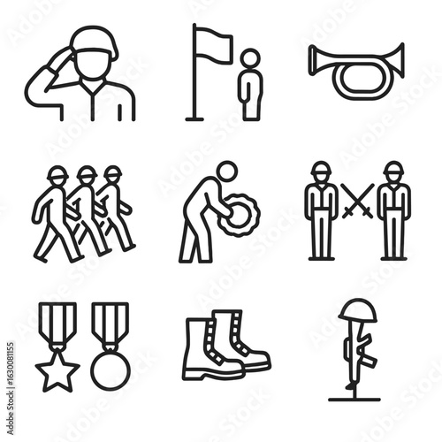 Military Ceremony Icons. Outline icon set of military ceremony: saluting soldier, flag raising, bugle, formation march, wreath