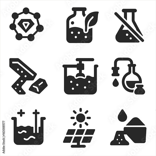 Precious Metal Processing Icons. Solid, filled icons set of precious metal processing innovations: nanotech