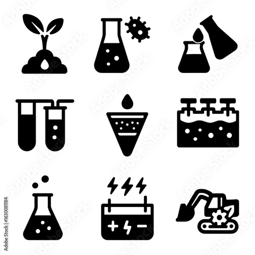 Precious Metal Recovery Icons. Solid, filled icons set of precious metal recovery techniques: phytomining,