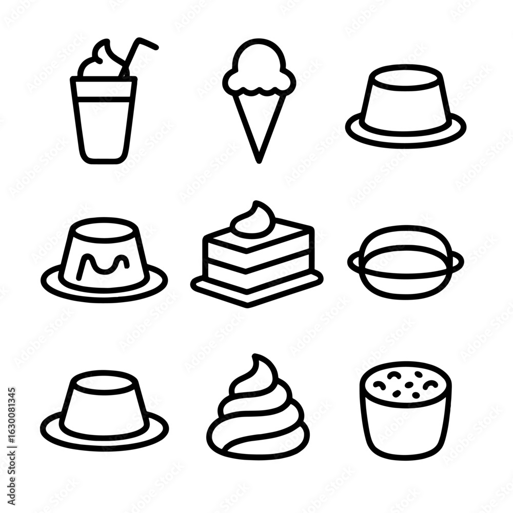 Milk Dessert Icons. Outline icon set of milk desserts: milkshake, ice cream cone, pudding cup, flan, tres leches cake, custard, Milk Dessert Icons. Outline icon set of milk desserts: milkshake, ice cream cone, pudding cup, flan, tres leches cake, custard,
