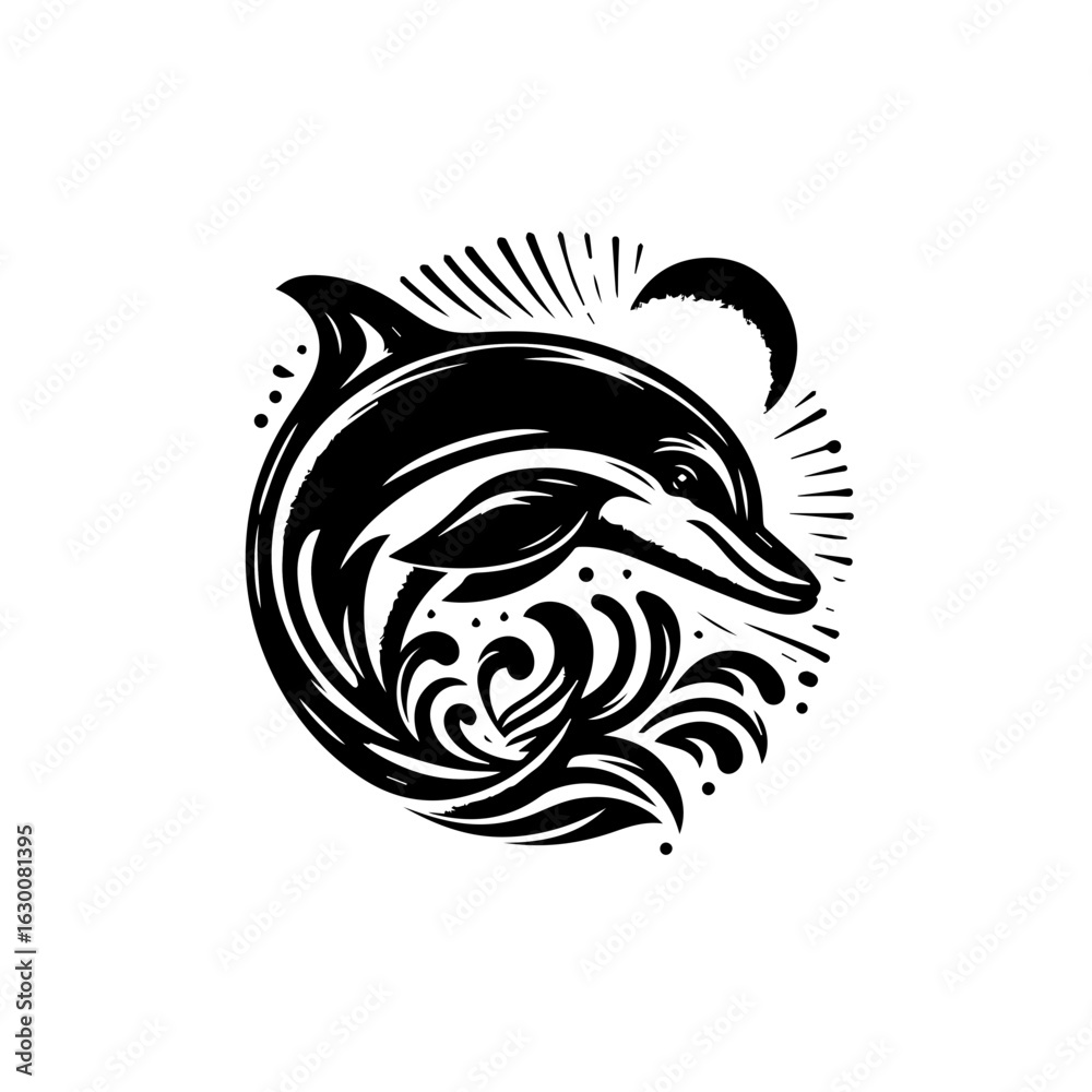 Naklejka premium Stylized black and white illustration of a dolphin jumping through waves