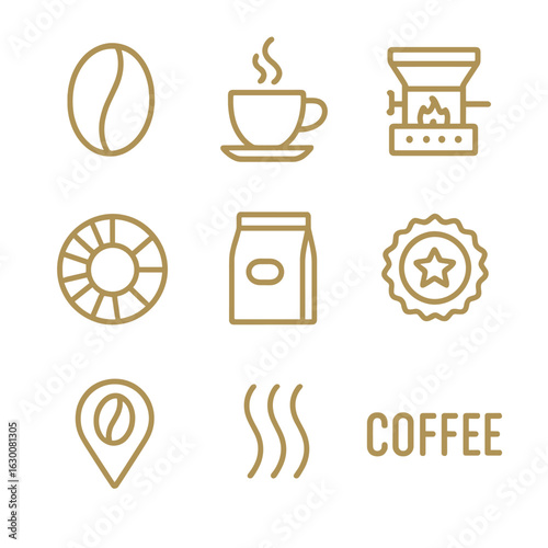 Premium Coffee Icons. Outline icon set of premium coffee labels: gold embossed bean, steaming espresso,