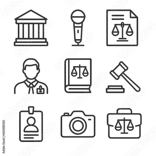 Press Freedom Icons. Outline icon set of press freedom and court rulings: courthouse, microphone, legal