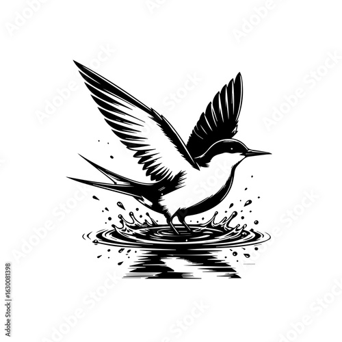 A bird splashing into water with wings spread wide