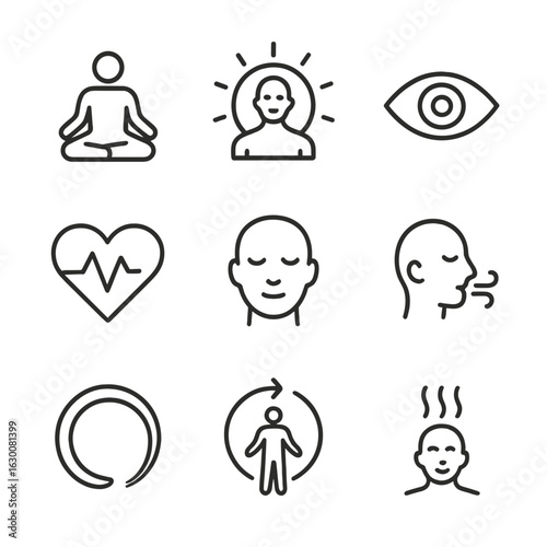 Mindful Icons Grid. Outline icon set of spiritual and mindful presence: meditation pose, mindfulness, aura, eye, heartbeat, calm