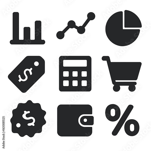 Price Comparison Icons. Solid, filled icons set of price comparison chart: bar chart, line graph, pie chart,