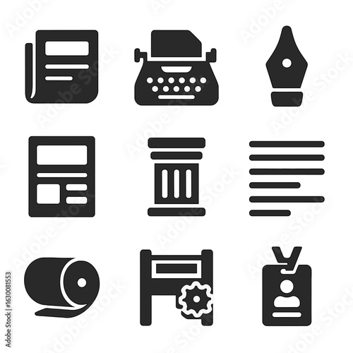 Print Media Icons. Solid, filled icons set of print media journalism: folded newspaper, typewriter, editorial