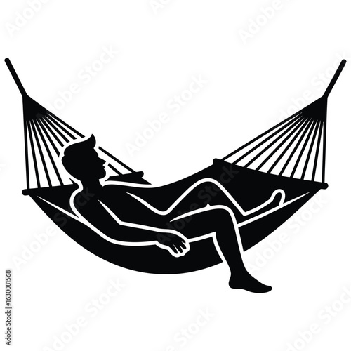 Person relaxing in a black hammock against a white background male reclining