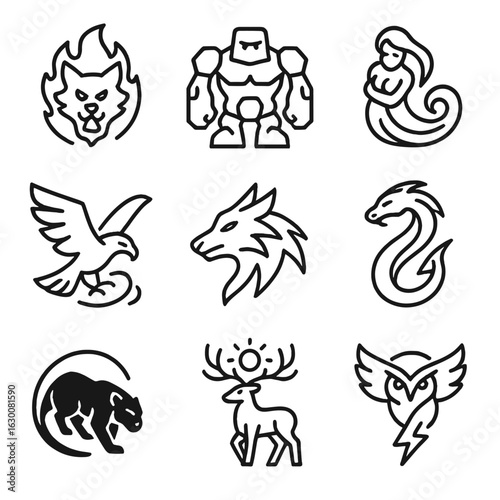 Elemental Guardian Icons. Outline icon set of elemental guardians: flame beast, rock colossus, water spirit, wind falcon,