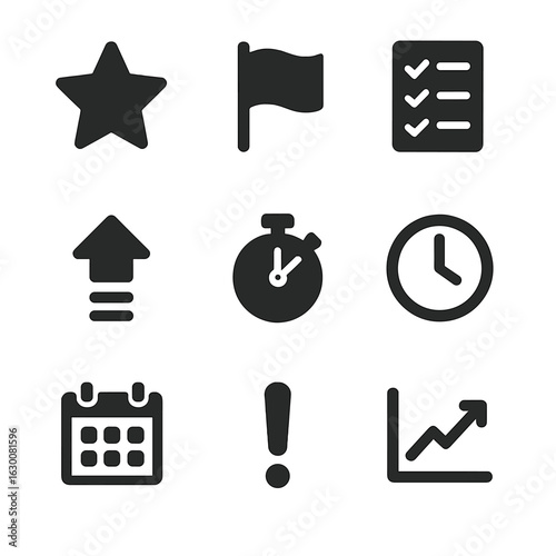 Prioritization Icon Set. Solid, filled icons set of prioritization techniques: star, flag, checklist, arrows,