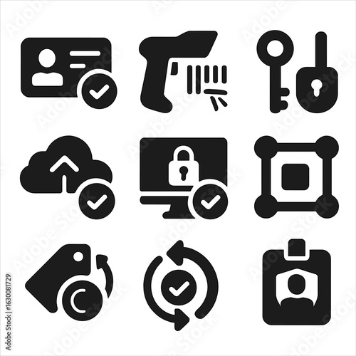 Product Data Icons. Solid, filled icons set of Product data verification: digital ID, barcode scanner,