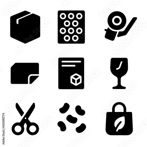 Product Packaging Icons. Solid, filled icons set of product packaging design: cardboard box, bubble wrap, tape
