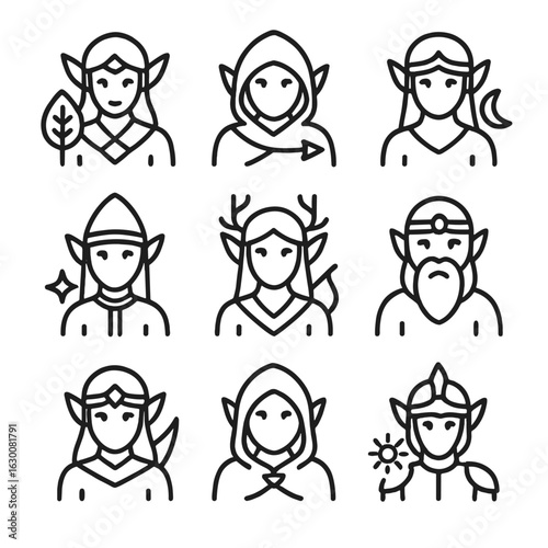 Elven and Dwarven Icons. Outline icon set of elf clans: forest guardian, shadow scout, moonlight healer, star seer, wild hunter,