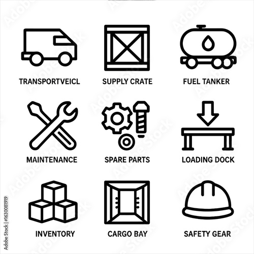 Mission Logistics Icons. Outline icon set of mission logistics: transport vehicle, supply crate, fuel tanker, maintenance tools,