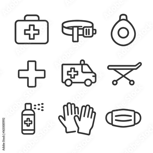 Emergency Icons Set. Outline icon set of emergency wound care: first aid kit, tourniquet, CPR mask, emergency cross, ambulance,