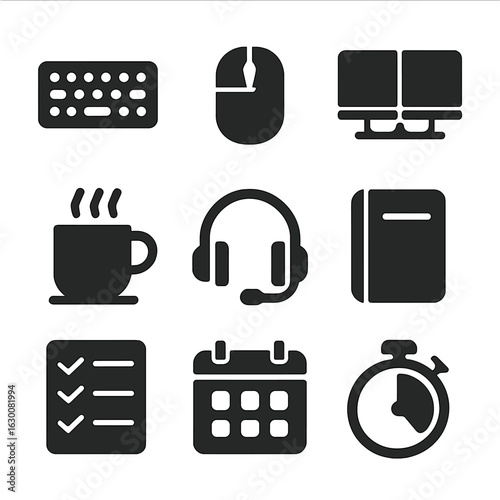 Productivity Tools Icons. Solid, filled icons set of productivity tools for data work: keyboard, mouse, dual
