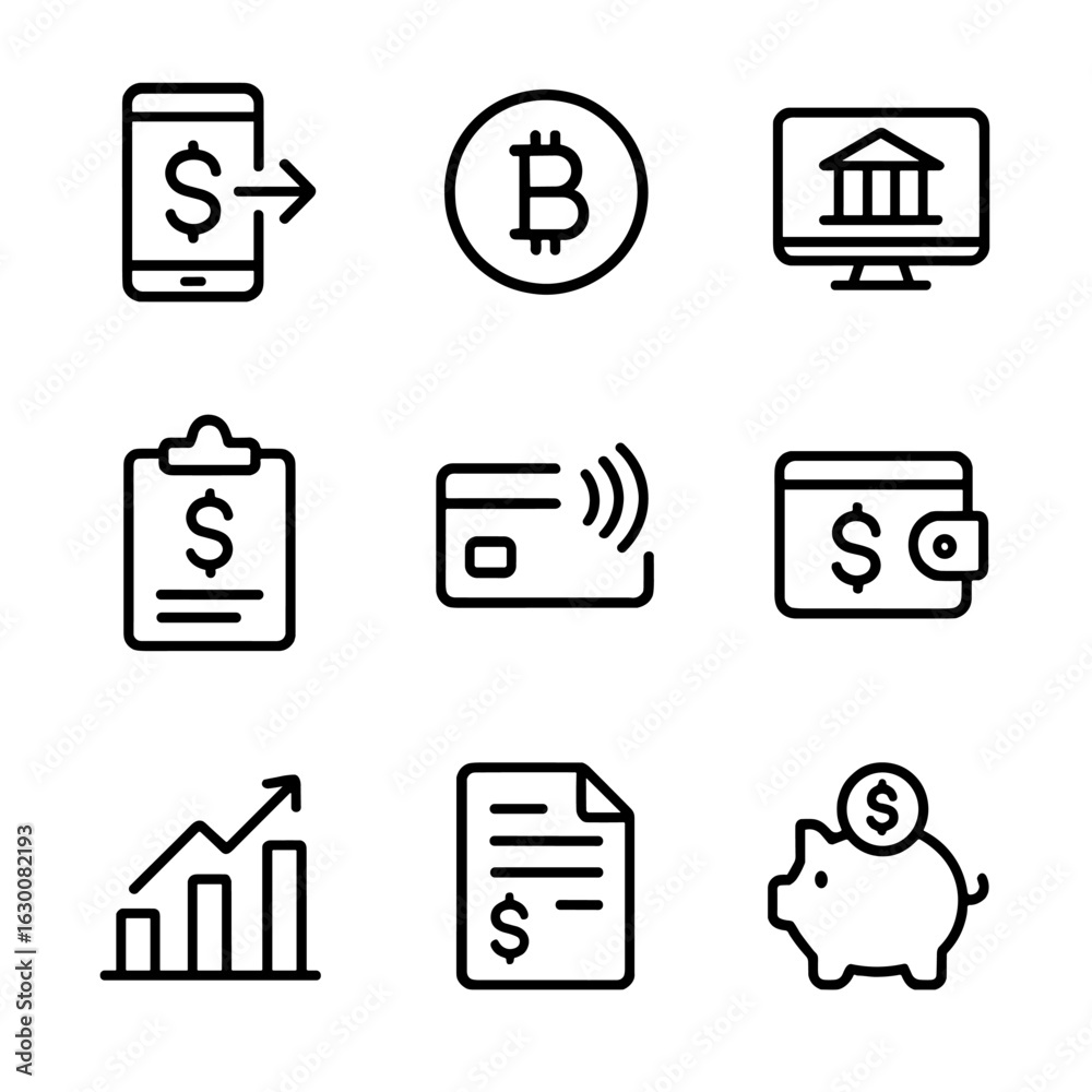 Modern Finance Icons. Outline icon set of modern finance: mobile payment, cryptocurrency, online banking, budget app, contactless Modern Finance Icons. Outline icon set of modern finance: mobile payment, cryptocurrency, online banking, budget app, contactless