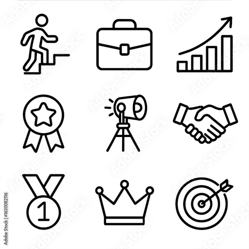 Professional Growth Icons. Outline icon set of Professional growth: ascending steps, briefcase, chart growth,