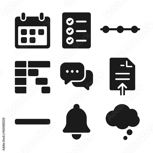 Project Planning Icons. Solid, filled icons set of project planning: calendar, task list, timeline, Gantt