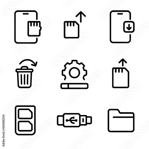 Mobile Storage Icons. Outline icon set of mobile storage: microSD in phone, expandable storage, app install icon, cache clear,