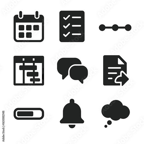 Project Planning Icons. Solid, filled icons set of project planning: calendar, task list, timeline, Gantt