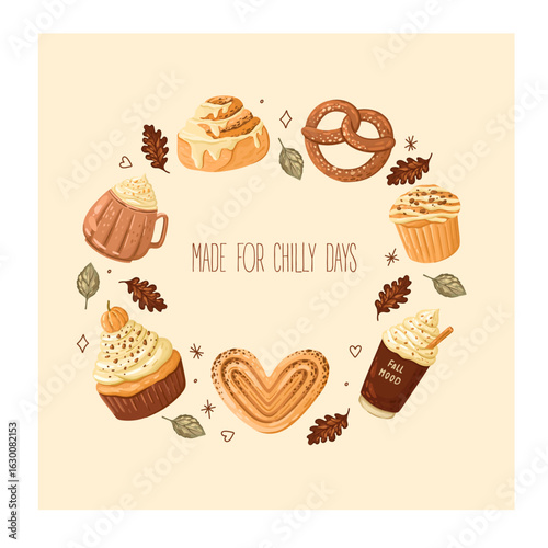 Autumn Cozy Postcard with Fall baked goods. Vector.