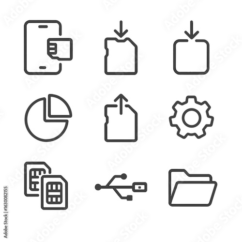 Mobile Storage Icons. Outline icon set of mobile storage: microSD in phone, expandable storage, app install icon, cache clear,