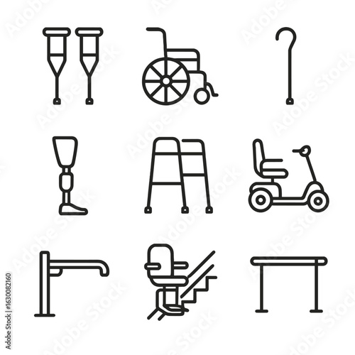 Mobility Aids Icon Set. Outline icon set of mobility aids: crutches, wheelchair, walking cane, prosthetic leg, walker, mobility