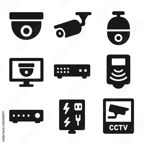 Property Surveillance Icons. Solid, filled icons set of property surveillance devices: dome camera, bullet