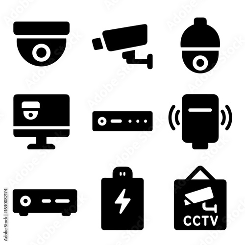 Property Surveillance Icons. Solid, filled icons set of property surveillance devices: dome camera, bullet