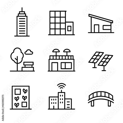 Modern Architecture Icons. Outline icon set of modern architecture: skyscraper, glass building, minimalist house, urban park,