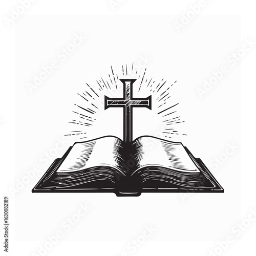 Christian Cross Rising Above Open Bible Symbolizing Faith, Worship, and Spiritual Enlightenment