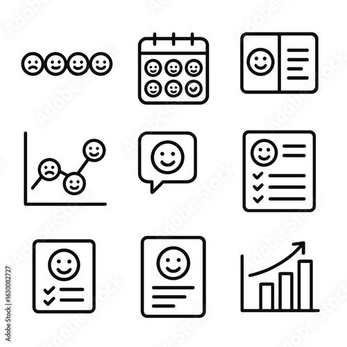 Mood Tracker Icons. Outline icon set of mood tracking smiles: smiley scale from sad to happy, mood calendar with smile icons,