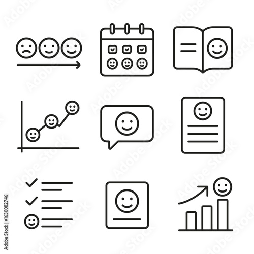 Mood Tracker Icons. Outline icon set of mood tracking smiles: smiley scale from sad to happy, mood calendar with smile icons,