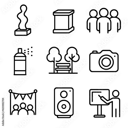 Public Art Icon Set. Outline icon set of public art installations: sculpture, pedestal, community members,