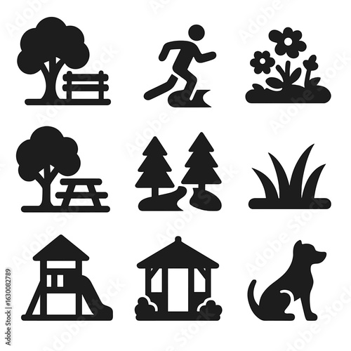 Public Park Icons. Solid, filled icons set of public parks and natural retreats: park bench under tree,