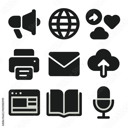 Publishing Icons Grid. Solid, filled icons set of Publishing and sharing: megaphone, globe, social media icons