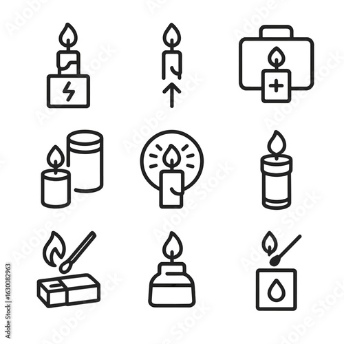 Emergency Candle Icons. Outline icon set of emergency lighting candles: power outage candle, safe path marker, emergency kit