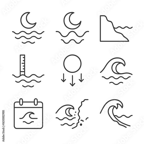 Moon Tide Icons. Outline icon set of moon and tides: high tide icon, low tide icon, tidal cycle graph, coastal silhouette, tide