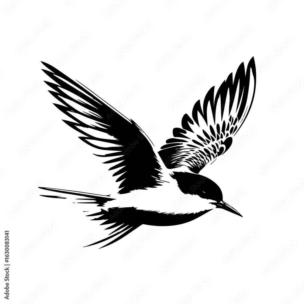 Fototapeta premium Black and white silhouette of a bird in flight isolated on white background