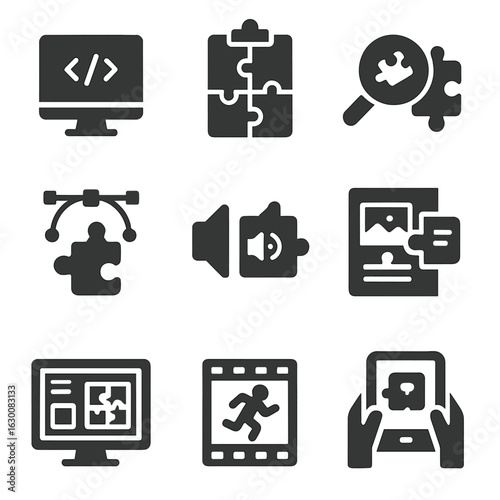 Puzzle Game Icons. Solid, filled icons set of puzzle game development: coding, level design, testing, graphic